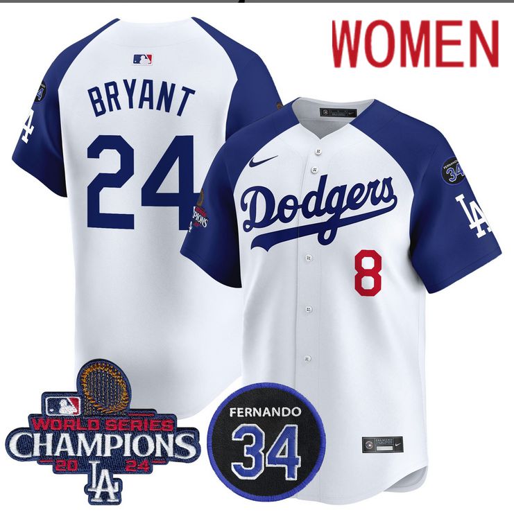 Women MLB Los Angeles Dodgers 24 Bryant white 2024 World Series Champions Patch Limited Jersey style 2